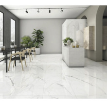 Světlý pokoj s mramorovou podlahou, stoly, židlemi a rostlinami