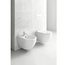 Moderní světlá koupelna se závěsnou toaletou, bidetem s baterií a ovládacím tlačítkem před obklady s mramorovým efektem.