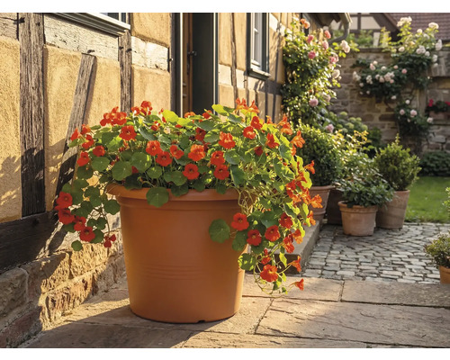 Velký kulatý květináč v barvě terakoty s oranžově kvetoucí lichořeřišnicí na kamenné terase u hrázděného domu.