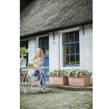 Zahradní kout před domem s rákosovou střechou, bílými stěnami, modrými okny, velkými terakotovými truhlíky a ženou u bistro stolku.