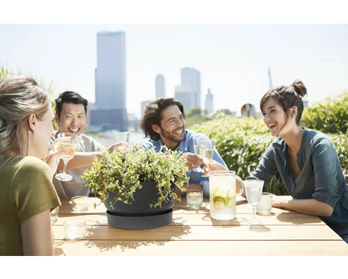 Tmavě šedá miska na rostliny s podmiskou na dřevěném stole, v pozadí přátelé na slunné střešní terase s výhledem na město.