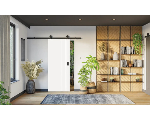 Bílé posuvné dveře s černou kolejnicí v moderním obývacím pokoji s velkým dřevěným regálem a pokojovými rostlinami.
