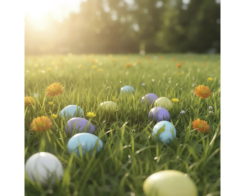 Barevná velikonoční vajíčka rozprostřená na slunné zelené louce s malými květy.