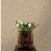 Strukturovaná vliesová tapeta v béžové barvě s jemným vzhledem omítky, před ní skleněná váza s bílými tulipány.