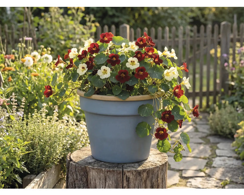 Lichořeřišnice v tmavě červené a krémové barvě kvetoucí v šedém květináči na pařezu v jasné zahradě s dřevěným plotem.