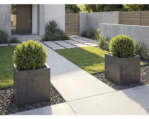 Moderní zahradní design se dvěma čtvercovými květináči, buxusy, betonovou cestou a štěrkem.