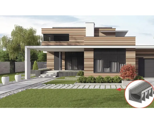 Moderní fasáda domu se zahradou a příjezdovou cestou, detail odvodňovacího žlabu s roštem pro odvodnění půdy.
