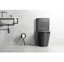 Moderní koupelna s černou stojící toaletou s nádržkou, bílým umyvadlem s černým kovovým rámem a dekorativními hodinami.