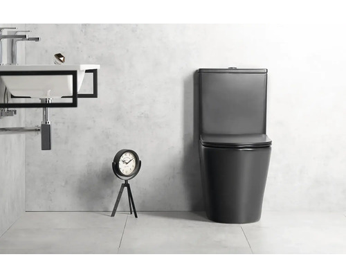 Moderní koupelna s černou stojící toaletou s nádržkou, bílým umyvadlem s černým kovovým rámem a dekorativními hodinami.