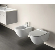 Moderní, světlá koupelna se závěsným WC, keramickým bidetem s baterií a šedou umyvadlovou skříňkou.