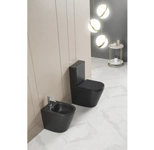 Moderní koupelna s černou stojací toaletou, bidetem, mramorovou podlahou a dekorativními závěsnými svítidly.