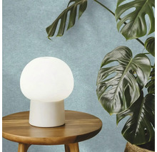 Bílá stolní lampa ve tvaru houby na kulatém dřevěném odkládacím stolku vedle rostliny Monstera před strukturovanou stěnou.