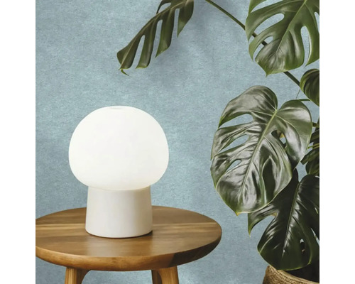 Bílá stolní lampa ve tvaru houby na kulatém dřevěném odkládacím stolku vedle rostliny Monstera před strukturovanou stěnou.