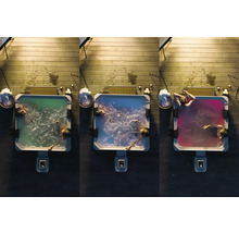 Tři pohledy shora na čtvercovou vířivku na dřevěné terase v noci se zeleným, modrým a červeným osvětlením a lidmi ve vodě.