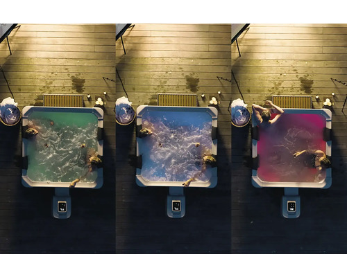 Tři pohledy shora na čtvercovou vířivku na dřevěné terase v noci se zeleným, modrým a červeným osvětlením a lidmi ve vodě.