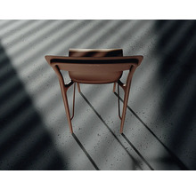 Moderní hnědá plastová židle s područkami v pohledu zezadu.