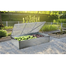 Kovové pařeniště s otevřeným průhledným víkem a sazenicemi salátu v zahradě se štěrkem a dalšími vyvýšenými záhony.