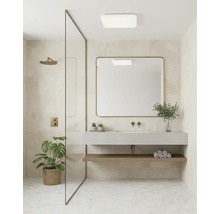 Moderní koupelna s otevřeným sprchovým koutem, skleněnou stěnou, zlatými armaturami, velkým zrcadlem, závěsným umyvadlem a dřevěnou policí.