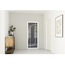 Moderní skleněné interiérové dveře s bílým rámem a obloukovým designem ve světlé, minimalistické chodbě.