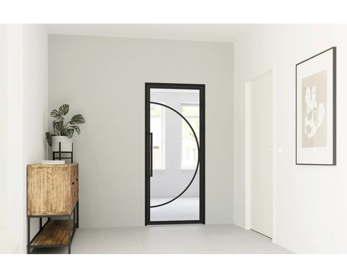 Moderní skleněné interiérové dveře s černým kovovým rámem a kruhovým vzorem ve světlé minimalistické chodbě.