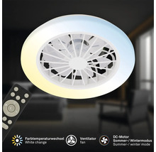 Stropní ventilátor s LED světelným kruhem, změnou teploty barev, letním a zimním režimem, včetně dálkového ovládání.