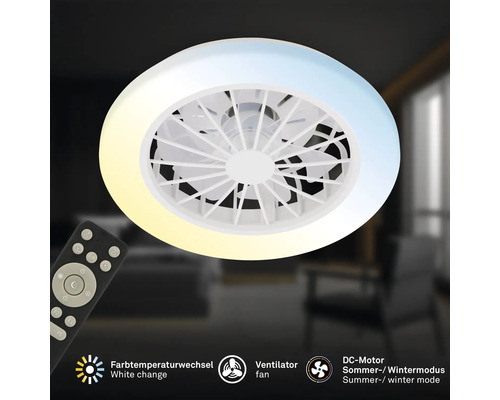 Stropní ventilátor s LED světelným kruhem, změnou teploty barev, letním a zimním režimem, včetně dálkového ovládání.