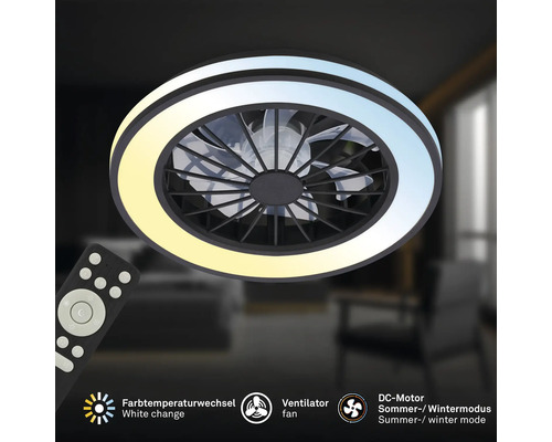 Kulaté stropní LED svítidlo s ventilátorem, dálkovým ovládáním, nastavitelnou teplotou barev a letním i zimním režimem.