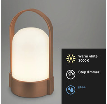 Přenosná měděná LED stolní lampa s rukojetí, teplé bílé světlo 3000 Kelvinů, stupňovitý stmívač, stupeň krytí IP44.