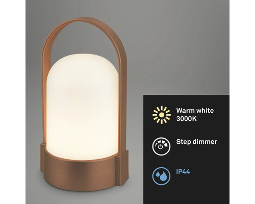 Přenosná měděná LED stolní lampa s rukojetí, teplé bílé světlo 3000 Kelvinů, stupňovitý stmívač, stupeň krytí IP44.