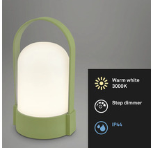 Přenosná LED stolní lampa s rukojetí, teplé bílé světlo 3000 Kelvinů, stupňovitý stmívač a stupeň krytí IP44.
