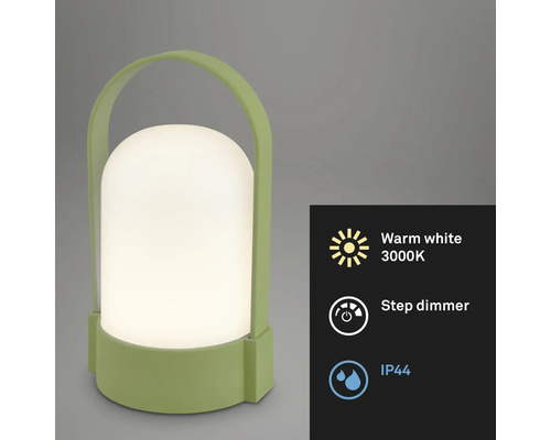 Přenosná LED stolní lampa s rukojetí, teplé bílé světlo 3000 Kelvinů, stupňovitý stmívač a stupeň krytí IP44.