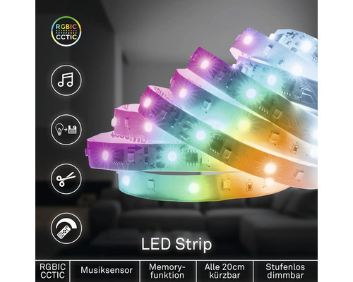 LED pásek RGBIC CCT s hudebním senzorem, paměťovou funkcí, zkratitelný každých 20 centimetrů a plynule stmívatelný.