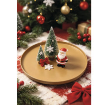 Vánoční dekorace na talíři s figurkou Santa Clause, dvěma miniaturními stromky a sněhovými vločkami na světlém svátečním pozadí.