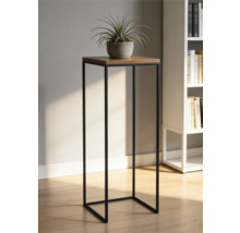 Moderní stojan na květiny s černým kovovým rámem a dřevěnou deskou, s rostlinou v květináči ve světlé místnosti s knihovnou.