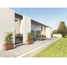 Rajčata v plastových truhlících s mřížkami na moderní terase se zahradním nábytkem a přilehlým trávníkem.