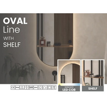 Oválné koupelnové zrcadlo Oval Line s policí, teplým bílým COB LED osvětlením a krytím IP44.