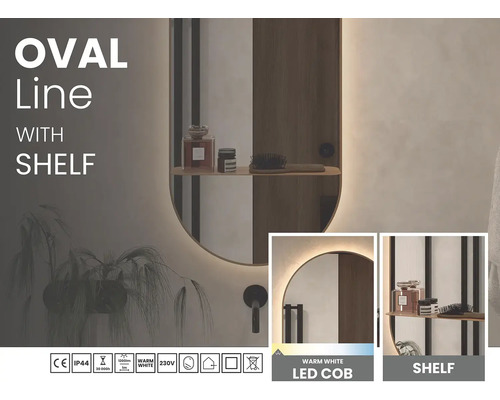 Oválné koupelnové zrcadlo Oval Line s policí, teplým bílým COB LED osvětlením a krytím IP44.
