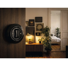 Kulatý černý světelný spínač v retro designu na tmavé dřevěné stěně v útulném obývacím pokoji s rostlinami.