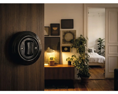 Kulatý černý světelný spínač v retro designu na tmavé dřevěné stěně v útulném obývacím pokoji s rostlinami.