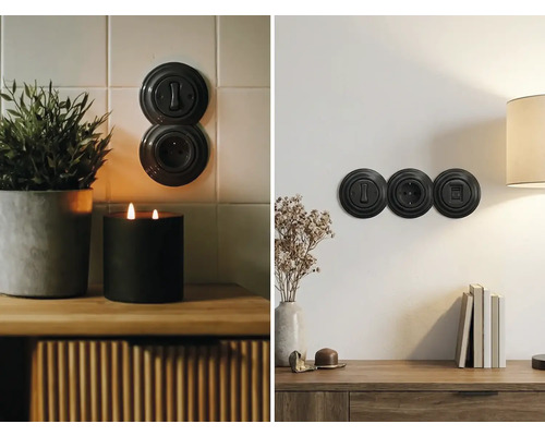 Černé retro vypínače a zásuvky v kulatém bakelitovém designu namontované na kachličkové stěně a hladké stěně v interiéru.