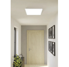Čtvercový LED stropní panel ve světlé moderní chodbě s dřevěnými dveřmi a dekoracemi na stěně.