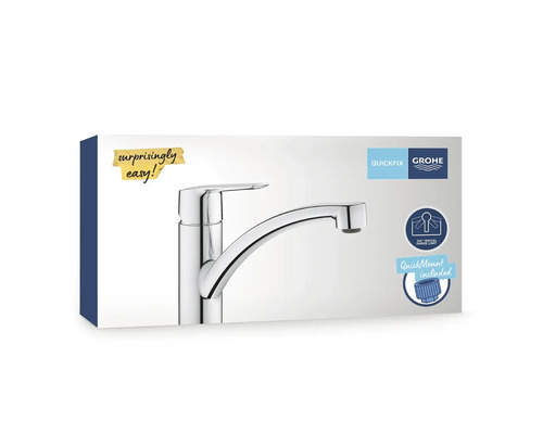 Balení kuchyňské baterie Grohe s pákovou baterií, omezením rozsahu otáčení o 140 stupňů a montážním systémem QuickMount.
