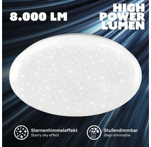 Kulaté stropní LED svítidlo s 8.000 lumeny, efektem hvězdné oblohy a funkcí krokového stmívání.