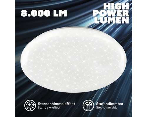 Kulaté stropní LED svítidlo s 8.000 lumeny, efektem hvězdné oblohy a funkcí krokového stmívání.