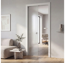 Moderní skleněné posuvné dveře z matného skla s kulatou mušlovou úchytkou, zasazené do světlého minimalistického obývacího pokoje.