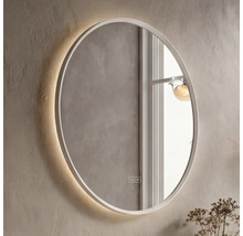 Kulaté koupelnové zrcadlo s LED podsvícením, nepřímým osvětlením a dotykovým senzorem na stěně.