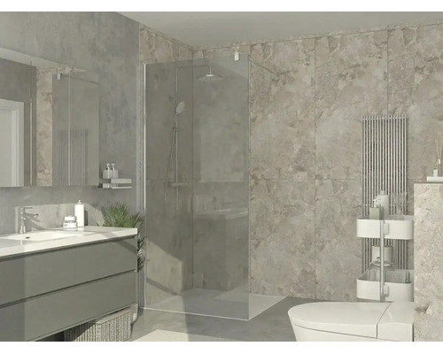 Moderní koupelna s bezbariérovým sprchovým koutem ze skla, umyvadlovou skříňkou, nástěnnými obklady v dekoru kamene a designovým radiátorem.
