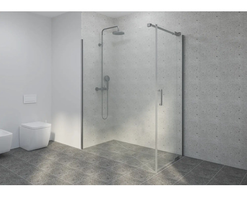 Moderní koupelna s walk-in sprchou, skleněnou zástěnou, sprchovým systémem v chromovém provedení a šedým obkladem a dlažbou.