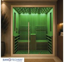 Infrasauna Sanotechnik se dvěma místy, skleněným čelem a zeleným LED osvětlením s efektem hvězdné oblohy. Sanotechnik Logo.