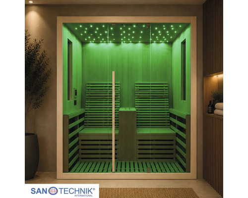 Infrasauna Sanotechnik se dvěma místy, skleněným čelem a zeleným LED osvětlením s efektem hvězdné oblohy. Sanotechnik Logo.